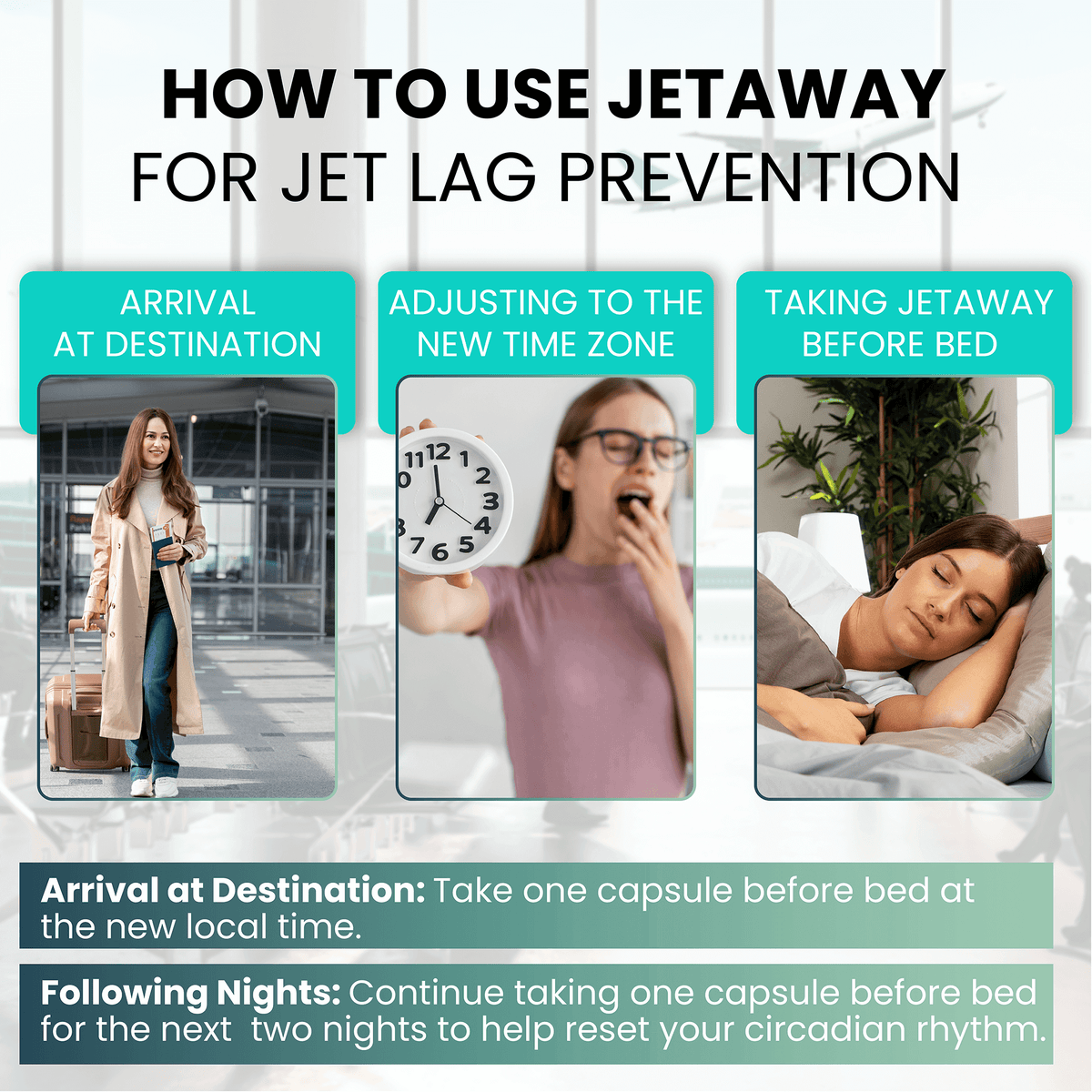 JetAway | Travel Essential for Jet Lag Relief | Supports Sleep-Wake Cycle, Non-Synthetic, All-Natural Melatonin 10mg - 60 Capsules